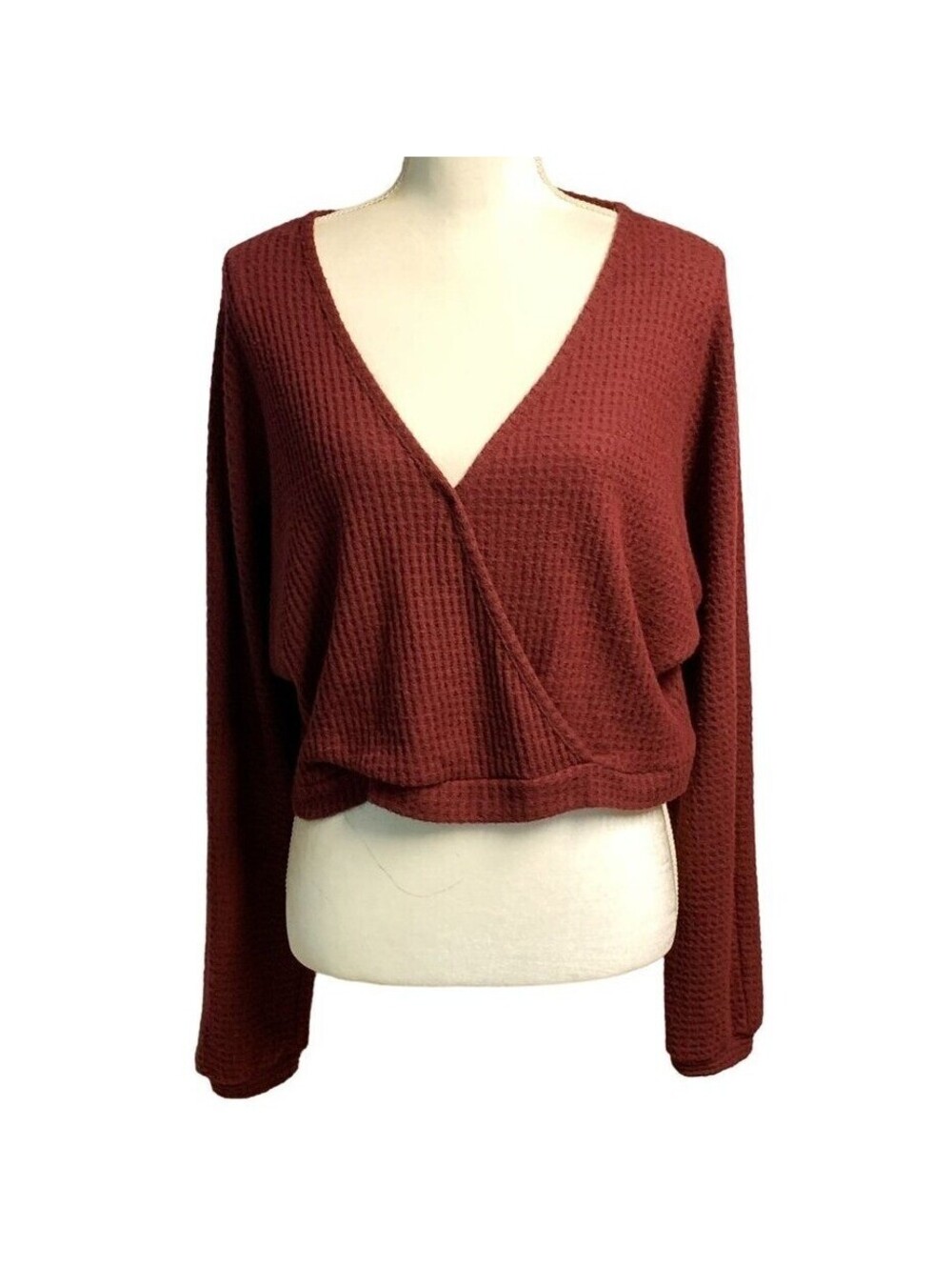 Sadie & Sage Rust Waffle Knit Wrap Crop Top Long Sleeve ATK55870 Burgundy Small